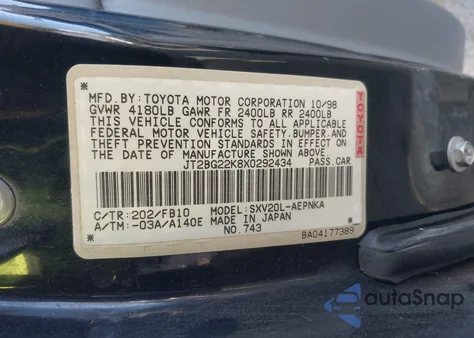 1999 Toyota Camry Le from USA, damaged, VIN JT2BG22K8X0292434